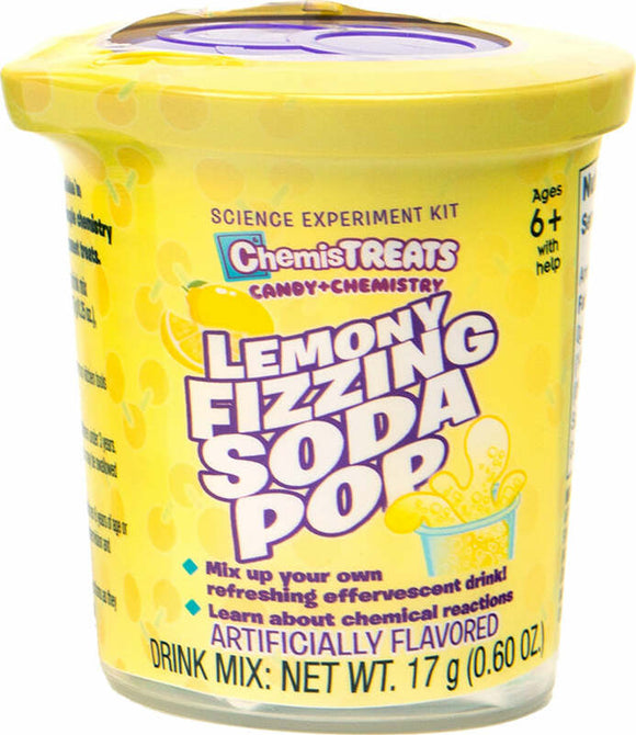 ChemisTreats! Candy + Chemistry Science Experiment Kit. A bright yellow container labeled 'Lemony Fizzing Soda Pop,' featuring playful graphics of lemons and a fizzy drink illustration. The label highlights that it's a DIY kit for creating refreshing, effervescent drinks while learning about chemical reactions. Suitable for ages 6+ with adult supervision.
