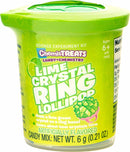 ChemisTreats! Lime Crystal Ring Lollipop kit by Thames & Kosmos. A vibrant green container showcasing a science experiment kit designed for ages 6 and up. The front displays detailed graphics about growing a lime green crystal on a ring base and learning about crystal formation.