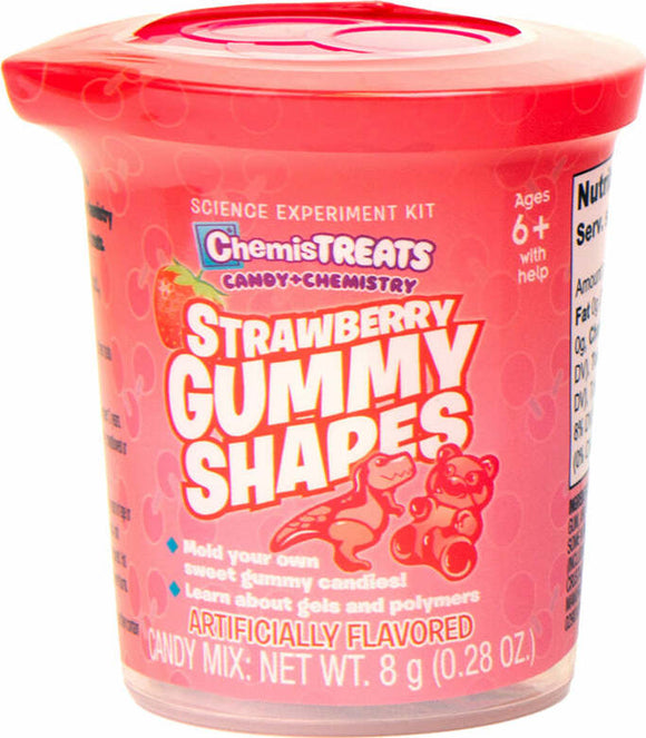 ChemisTreats! Strawberry Gummy Shapes DIY science experiment kit by Thames & Kosmos. The kit is designed for ages 6 and up and includes materials to create gummy candies. The vibrant pink packaging features images of gummy shapes and highlights the ability to learn about gels and polymers. It has a net weight of 8 grams, making it a fun and educational activity for children.