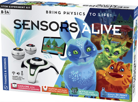 Sensors Alive STEM experiment kit by Thames & Kosmos. This DIY kit features interactive sensors for exploring physics concepts like light, sound, and temperature. Children aged 8-14 can hatch and raise creatures in a virtual world, learning about science through play. The box includes 3 superhuman sensors and a bonus 3D printing option for creating their own creatures.