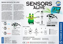 Thames & Kosmos' 'Sensors Alive: Bring Physics to Life' DIY kit featuring colorful graphics. The educational kit includes a Base Station and three sensor pods for measuring sound, light, and temperature. The image showcases the product packaging with illustrations of the creatures and features, emphasizing interactive gameplay. Ideal for children, it illustrates how kids can collect data from their environment to create digital creatures.