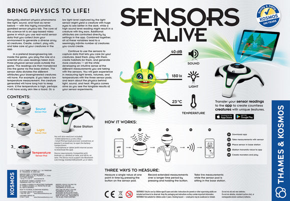 Thames & Kosmos' 'Sensors Alive: Bring Physics to Life' DIY kit featuring colorful graphics. The educational kit includes a Base Station and three sensor pods for measuring sound, light, and temperature. The image showcases the product packaging with illustrations of the creatures and features, emphasizing interactive gameplay. Ideal for children, it illustrates how kids can collect data from their environment to create digital creatures.