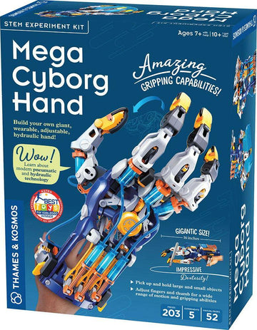 The Mega Cyborg Hand STEM experiment kit by Thames & Kosmos. The box features a colorful design showcasing a large hydraulic hand that can pick up objects. The kit includes adjustable fingers and thumb for dexterity, promoting STEM education. It is suitable for ages 7 and above, encouraging hands-on learning about modern pneumatic technology.