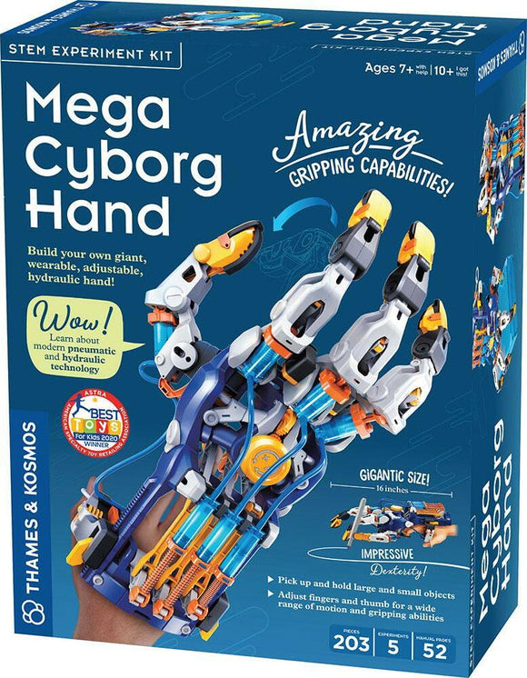 The Mega Cyborg Hand STEM experiment kit by Thames & Kosmos. The box features a colorful design showcasing a large hydraulic hand that can pick up objects. The kit includes adjustable fingers and thumb for dexterity, promoting STEM education. It is suitable for ages 7 and above, encouraging hands-on learning about modern pneumatic technology.