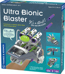 The Ultra Bionic Blaster STEM experiment kit by Thames & Kosmos features a colorful box showcasing a robotic glove that shoots foam darts. The kit includes a range of mechanical components, a dart launcher capable of rapid firing, and highlights educational aspects of modern pneumatics. The design emphasizes creativity and hands-on learning for ages 8 and up.