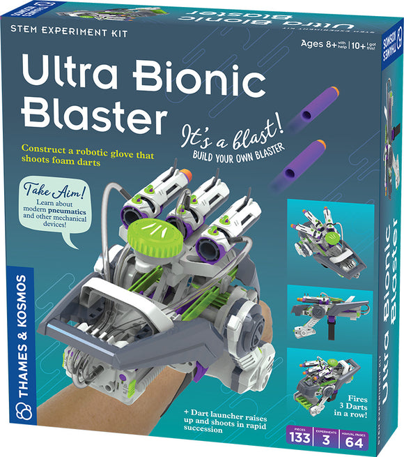 The Ultra Bionic Blaster STEM experiment kit by Thames & Kosmos features a colorful box showcasing a robotic glove that shoots foam darts. The kit includes a range of mechanical components, a dart launcher capable of rapid firing, and highlights educational aspects of modern pneumatics. The design emphasizes creativity and hands-on learning for ages 8 and up.