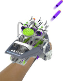 The Ultra Cyborg Blaster DIY kit features a wearable blaster strapped to a wrist, showcasing vibrant colors like purple and green, along with moving parts for interactive play. Includes foam projectiles that can be launched from the blaster, making it an exciting hands-on experience for kids and adults alike.