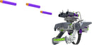 The Ultra Cyborg Blaster by Thames & Kosmos, a futuristic DIY toy blaster with an ergonomic design and purple and green accents, shooting foam darts in mid-air.
