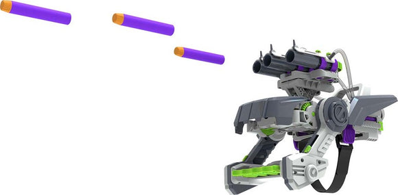 The Ultra Cyborg Blaster by Thames & Kosmos, a futuristic DIY toy blaster with an ergonomic design and purple and green accents, shooting foam darts in mid-air.
