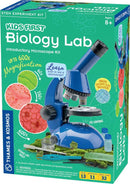 The Kids First Biology Lab is a comprehensive introductory microscope kit designed for kids ages 8 and up. It features a blue microscope capable of up to 600x magnification, along with various science lab tools, specimen slides, and preparation tools. The vibrant packaging highlights different magnifications and encourages children to learn about biology through hands-on experiments.