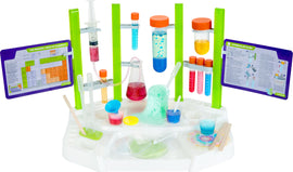 Ooze Labs Chemistry Station by Thames & Kosmos featuring colorful test tubes, a beaker with bubbling slime, and instruction panels. The setup includes a variety of mixing containers and equipment to conduct fun chemical experiments, making science exciting and accessible for kids.