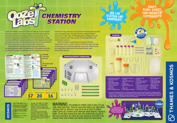 Ooze Labs Chemistry Station by Thames & Kosmos, featuring a large laboratory setup with colorful test tubes, beakers, and various experiment components. The kit includes experiment cards, a detailed manual, non-hazardous chemicals, and equipment for conducting fun and engaging science experiments. Perfect for budding chemists to explore slime, fizzing reactions, and color changes while learning the basics of chemistry safely.
