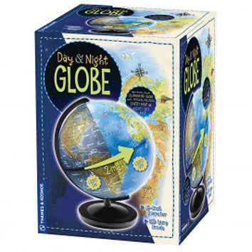 Thames & Kosmos Day & Night Globe set in its packaging. The globe features a unique design showing day and night regions on Earth, with an arrow indicating rotation. It includes a stand and illuminated LED lamp for visibility in the dark, perfect for educational purposes and enhancing geographical knowledge.