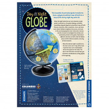 The Day & Night Globe by Thames & Kosmos, showcasing a beautifully illustrated globe that lights up to display the Earth's day and night sides. The globe is placed on a sturdy black base, with descriptive text detailing its features and educational benefits, appealing to geography enthusiasts and learners alike.