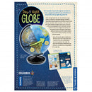 The Day & Night Globe by Thames & Kosmos, showcasing a beautifully illustrated globe that lights up to display the Earth's day and night sides. The globe is placed on a sturdy black base, with descriptive text detailing its features and educational benefits, appealing to geography enthusiasts and learners alike.