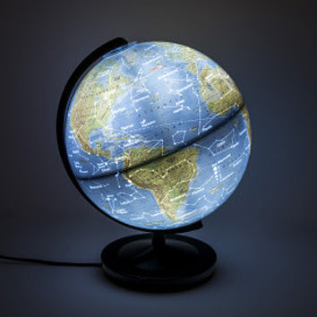 A beautifully illuminated Day & Night Globe by Thames & Kosmos, showcasing intricate geographical details of the Earth. The globe features a dual light mode, highlighting various continents and oceans, perfect for educational purposes and decorating a study or child's room.