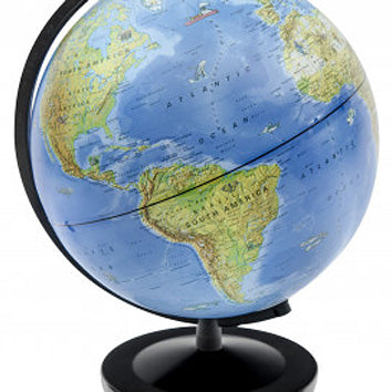 The Day & Night Globe by Thames & Kosmos displays a detailed world map in vibrant colors, showcasing continents, oceans, and geographical features. It features a black base and a semi-circular support, allowing easy rotation for educational exploration of the Earth both during the day and night.