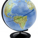 The Day & Night Globe by Thames & Kosmos displays a detailed world map in vibrant colors, showcasing continents, oceans, and geographical features. It features a black base and a semi-circular support, allowing easy rotation for educational exploration of the Earth both during the day and night.