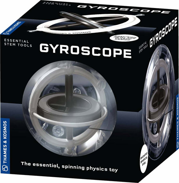 Thames & Kosmos Gyroscope in packaging. The gyroscope is enclosed in a transparent plastic sphere, showcasing its spinning mechanism in action. The box design features bold text highlighting 'Gyroscope' and the tagline 'The essential, spinning physics toy' along with the Thames & Kosmos branding.