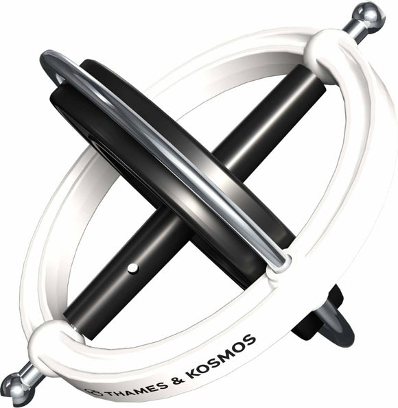 The Thames & Kosmos Gyroscope is a sleek, modern design featuring a black spinning disc centered within a white circular frame. The gyroscope is displayed from a top-down perspective, highlighting its metallic elements and smooth finish, perfect for demonstrating principles of physics and motion.