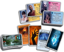 The Fangs game by Thames & Kosmos features a variety of character and event cards. Characters include a vampire, a werewolf, and a hunter, each with special abilities and goals. The cards are illustrated with vibrant graphics, showcasing equipment and events in a fantasy setting. This game involves strategy and player interaction, perfect for game nights with friends or family.