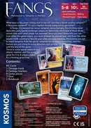 Fangs is a social deduction party game by Thames & Kosmos, designed for 5 to 8 players aged 10 and up. The game features 86 cards, 2 dice, and game pieces, challenging players to identify their secret roles as either werewolves, vampires, or humans while outsmarting each other in a thrilling battle of wits. The image showcases the game components, including character cards, equipment, and event cards, along with a rulebook and play tracking elements.