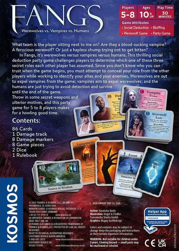 Fangs is a social deduction party game by Thames & Kosmos, designed for 5 to 8 players aged 10 and up. The game features 86 cards, 2 dice, and game pieces, challenging players to identify their secret roles as either werewolves, vampires, or humans while outsmarting each other in a thrilling battle of wits. The image showcases the game components, including character cards, equipment, and event cards, along with a rulebook and play tracking elements.