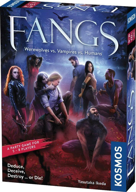 The Fangs board game by Thames & Kosmos, featuring dramatic artwork with werewolves, vampires, and humans. The packaging highlights its nature as a party game for 5-8 players, emphasizing themes of deduction, deception, and survival.