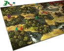 The Adventures of Robin Hood game by Thames & Kosmos, featuring an illustrated game board depicting lush forests, paths, and a castle. Various player pieces in vibrant colors, including green, red, blue, and purple, are positioned on the board. The setting includes areas like a river and detailed terrain, indicating adventure and strategy gameplay.