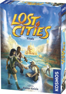 The Lost Cities Rivals game by Thames & Kosmos features a vibrant box cover illustrating explorers near a majestic waterfall and ancient ruins, highlighting the theme of adventure and discovery. The illustration shows three explorers engaged in a moment of teamwork, set against a breathtaking scenic backdrop.