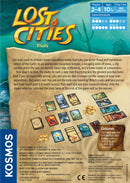 Lost Cities Rivals board game by Thames & Kosmos, featuring colorful expedition cards, wager cards, and gold coins on a sandy background. Designed for 2-4 players, ages 10 and up. Encourages strategy, luck, and bidding in gameplay.