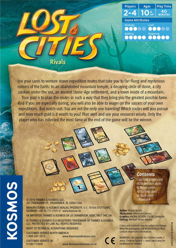Lost Cities Rivals board game by Thames & Kosmos, featuring colorful expedition cards, wager cards, and gold coins on a sandy background. Designed for 2-4 players, ages 10 and up. Encourages strategy, luck, and bidding in gameplay.