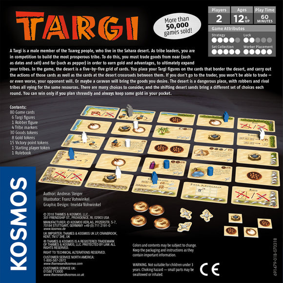 Targi Game by Thames & Kosmos. A strategy board game for 2 players aged 12 and up, featuring colorful cards depicting trade goods like dates and gold, player figurines, and tokens. The game is set in the Sahara desert, emphasizing resource management and strategic trade. The visually appealing game design showcases various game components, including cards, figures, and resources, on a desert-themed board.