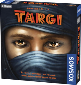 The board game 'Targi' by Thames & Kosmos features an artistic box cover with a close-up of a nomadic person wearing a blue headscarf. The eyes are engaging and the title 'TARGI' is prominently displayed in bold orange letters. Below, there's a tagline that reads 'A contest between two nomadic tribes along desert trade routes.' The box indicates it is for 2 players.