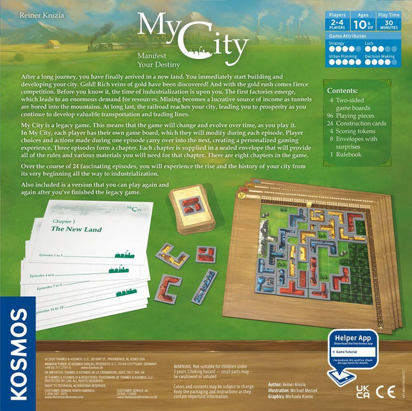 An overview of the board game 'My City' by Thames & Kosmos, featuring two-sided game boards, playing pieces, construction cards, envelopes, and the rulebook. The game revolves around urban planning and legacy mechanics, allowing players to build and develop their city through multiple episodes, with dynamic choices that impact future gameplay.