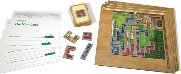 My City board game by Thames & Kosmos. The image showcases the game components including a modular game board, City Development tiles, and episode cards. Ideal for players seeking an engaging city-building experience with a rich narrative.