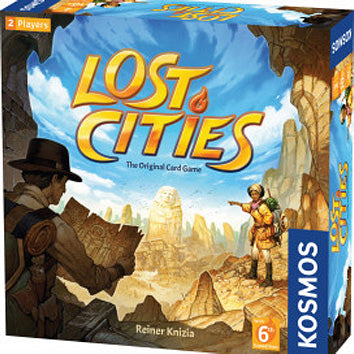 Lost Cities 2019 Edition game box featuring adventurous explorers examining a map in a desert landscape. The vibrant cover showcases the game's title prominently along with imagery of ancient ruins and expedition themes, designed for 2 players aged 6 and up.