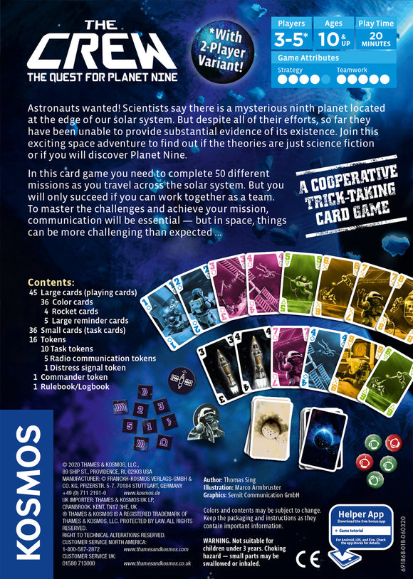 The Crew: The Quest for Planet Nine game box featuring an exciting space adventure theme. The cover depicts astronauts and space cards with vibrant colors. Game details highlight it as a cooperative trick-taking card game for 3-5 players aged 10 and up, with 50 different missions to complete across the solar system. Emphasis on teamwork and communication is indicated, along with a 2-player variant option.