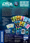 The Crew: Mission Deep Sea card game by Thames & Kosmos, featuring vibrant illustrations of underwater adventures. The image shows the game box, playing cards, and tokens, highlighting its cooperative trick-taking mechanics for 3-5 players aged 10 and up. The design emphasizes teamwork as players search for the lost continent of Mu, with a rulebook and logbook included in the set.