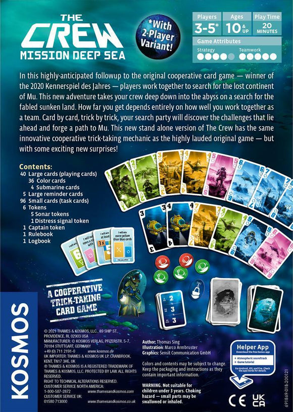 The Crew: Mission Deep Sea card game by Thames & Kosmos, featuring vibrant illustrations of underwater adventures. The image shows the game box, playing cards, and tokens, highlighting its cooperative trick-taking mechanics for 3-5 players aged 10 and up. The design emphasizes teamwork as players search for the lost continent of Mu, with a rulebook and logbook included in the set.