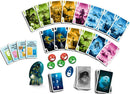 The Crew: Mission Deep Sea game by Thames & Kosmos featuring a collection of colorful cards, objective cards, tokens in various colors, and a submarine figure. The cards depict underwater scenes and characters, offering an engaging cooperative gaming experience for players.