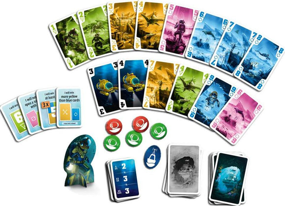 The Crew: Mission Deep Sea game by Thames & Kosmos featuring a collection of colorful cards, objective cards, tokens in various colors, and a submarine figure. The cards depict underwater scenes and characters, offering an engaging cooperative gaming experience for players.