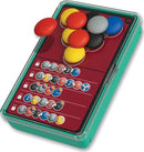 Dimension: The Brain Game to Go features a portable, compact design with vibrant colored pieces including red, blue, yellow, and black. It offers various challenges presented on a game board with sliding slots for placing the pieces, stimulating strategic thinking and problem-solving skills.