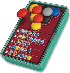 Dimension: The Brain Game to Go features a portable, compact design with vibrant colored pieces including red, blue, yellow, and black. It offers various challenges presented on a game board with sliding slots for placing the pieces, stimulating strategic thinking and problem-solving skills.