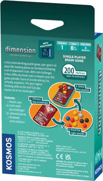 Dimension: The Brain Game to Go by Thames & Kosmos is a single-player mechanical puzzle that challenges players to strategically place colored balls in a grid. The puzzle includes 200 different challenges that require logical thinking and problem-solving skills. The packaging features an engaging design with images of the game setup and instructions for solving the puzzles.