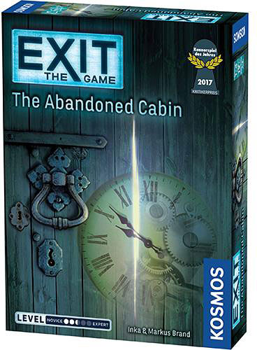 Box packaging of the board game 'Exit: The Abandoned Cabin' by Thames & Kosmos, featuring a dark wooden door, an antique clock, and intricate lock designs. The box is labeled with 'EXIT' prominently at the top and indicates levels of difficulty ranging from novice to expert. It showcases a mysterious and engaging theme for players.