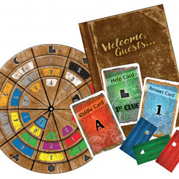 An engaging board game titled "Exit: The Abandoned Cabin" from Thames & Kosmos. The image displays a circular game board featuring numbered segments, various clue cards in vibrant colors, a riddle card, and a mysterious rule book with the text "Welcome, Guests...". Designed for puzzle solvers and adventure seekers, this game combines strategy and teamwork for an immersive experience.