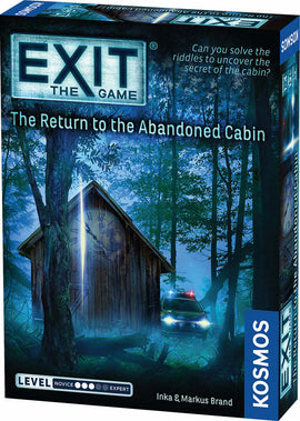 The game 'Exit: The Return to The Abandoned Cabin' by Thames & Kosmos features an illustrated box cover depicting a dark forest scene with an abandoned cabin and a police car. The box is adorned with mysterious symbols and the tagline inviting players to solve riddles and uncover secrets.