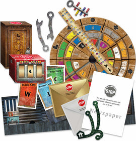 Exit: The Return to The Abandoned Cabin game by Thames & Kosmos featuring various components including a spinning wheel, cards, a locked box, and mysterious keys. Ideal for puzzle enthusiasts seeking an immersive escape room experience at home.