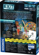 Exit: The Return to The Abandoned Cabin game box featuring eerie artwork and contents such as a decoder disk, cards, and a rulebook. The captivating adventure invites players to solve puzzles and escape a mysterious cabin.